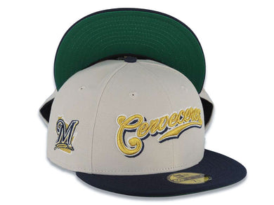 Milwaukee Brewers New Era MLB 59FIFTY 5950 Fitted Cap Hat Stone Crown Navy Blue Visor Metallic Gold Script/Text Logo M State Map Side Patch
