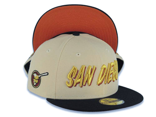 San Diego Padres New Era MLB 59FIFTY 5950 Fitted Cap Hat Vegas Gold Crown Black Visor Metallic Gold/Red Script Logo Swinging Friar Side Patch Dark