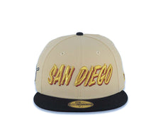 Load image into Gallery viewer, San Diego Padres New Era MLB 59FIFTY 5950 Fitted Cap Hat Vegas Gold Crown Black Visor Metallic Gold/Red Script Logo Swinging Friar Side Patch Dark
