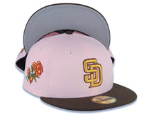Load image into Gallery viewer, San Diego Padres New Era MLB 59FIFTY 5950 Fitted Cap Hat Pink Crown Brown Visor Metallic Gold/Brown Logo with Rose Side Patch Gray UV
