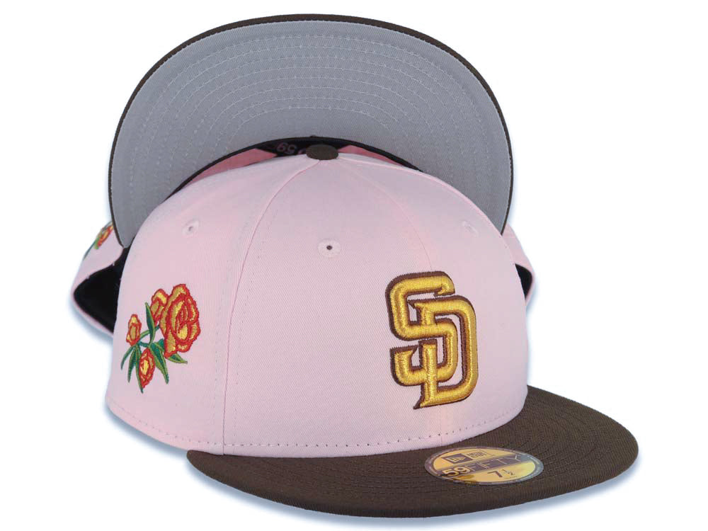 San Diego Padres New Era MLB 59FIFTY 5950 Fitted Cap Hat Pink Crown Brown Visor Metallic Gold/Brown Logo with Rose Side Patch Gray UV