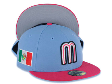 Mexico New Era WBC World Baseball Classic 59FIFTY 5950 Fitted Cap Hat Sky Blue Crown Magenta Visor White/Black/Magenta Logo Mexico Flag Side Patch
