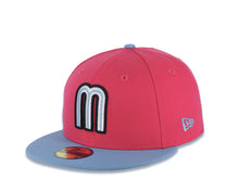 Load image into Gallery viewer, Mexico New Era 59FIFTY 5950 Fitted Cap Hat Magenta Crown Sky Blue Visor White/Black/Sky Blue Logo Mexico Flag Side Patch Gray UV
