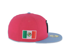 Load image into Gallery viewer, Mexico New Era 59FIFTY 5950 Fitted Cap Hat Magenta Crown Sky Blue Visor White/Black/Sky Blue Logo Mexico Flag Side Patch Gray UV
