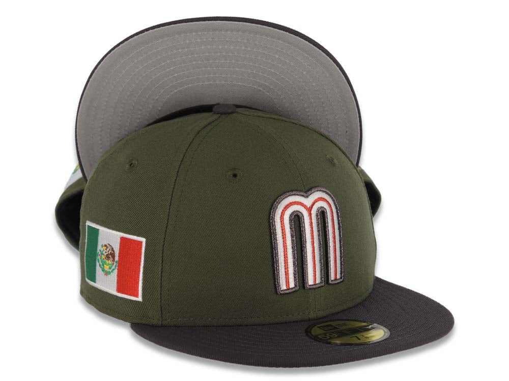 Mexico New Era WBC 59FIFTY 5950 Fitted Cap Hat Olive Green Crown