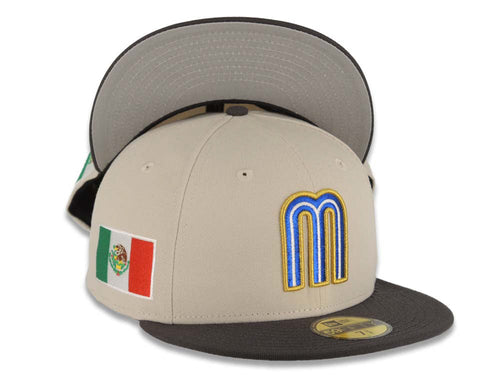 Mexico New Era 59FIFTY 5950 Fitted Cap Hat Stone Crown Dark Gray Visor White/Metallic Royal Blue/Metallic Gold Logo Mexico Flag Side Patch Gray UV