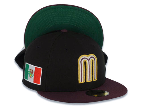 Mexico New Era WBC 59FIFTY 5950 Fitted Cap Hat Black Crown Maroon Visor Glow White/Metallic Gold/Maroon Logo Mexico Flag Side Patch Green UV