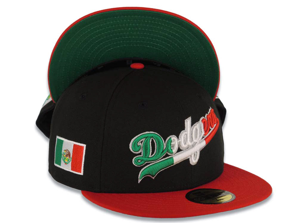 Los Angeles Dodgers New Era MLB 59FIFTY 5950 Fitted Cap Hat Black Crown Red Visor Green/White/Red Script Logo Mexico Flag Side Patch Green UV