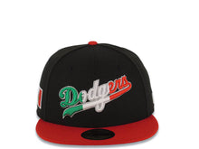 Load image into Gallery viewer, Los Angeles Dodgers New Era MLB 59FIFTY 5950 Fitted Cap Hat Black Crown Red Visor Green/White/Red Script Logo Mexico Flag Side Patch Green UV
