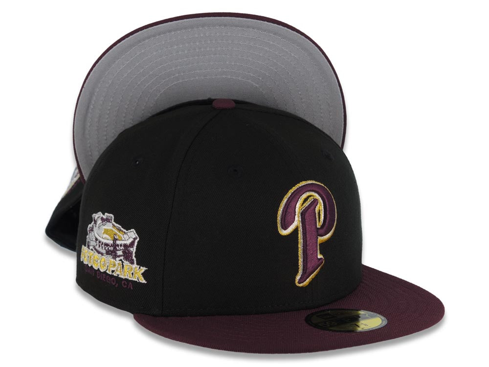 San Diego Padres New Era MLB 59FIFTY 5950 Fitted Cap Hat Black Crown Maroon Visor Maroon/Metallic Silver/Gold P Logo Petco Park Side Patch Gray UV