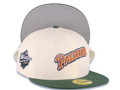 San Diego Padres New Era MLB 59FIFTY 5950 Fitted Cap Hat Cream Crown Green Visor Metallic Brown/White/Navy Blue Script Logo 1998 World Series Side Patch