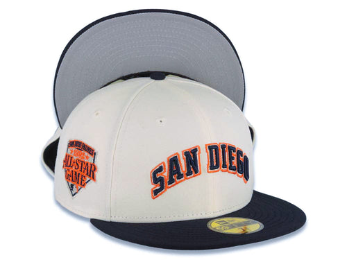 San Diego Padres New Era MLB 59FIFTY 5950 Fitted Cap Hat Cream Crown Navy Blue Visor Navy/Orange Arch Text/Script Logo 1992 All-Star Game Side Patch