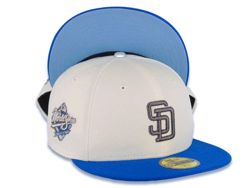 San Diego Padres New Era MLB 59FIFTY 5950 Fitted Cap Hat Cream Crown Royal Blue Visor Metallic Black Logo 1998 World Series Side Patch Sky Blue UV