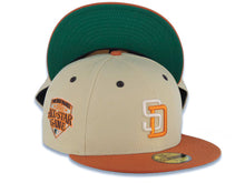 Load image into Gallery viewer, San Diego Padres New Era MLB 59FIFTY 5950 Fitted Cap Hat Vegas Gold Crown Dark Orange Visor Light Khaki/Orange Logo 1992 All-Star Game Side Patch
