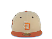 Load image into Gallery viewer, San Diego Padres New Era MLB 59FIFTY 5950 Fitted Cap Hat Vegas Gold Crown Dark Orange Visor Light Khaki/Orange Logo 1992 All-Star Game Side Patch
