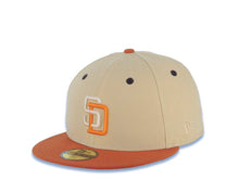 Load image into Gallery viewer, San Diego Padres New Era MLB 59FIFTY 5950 Fitted Cap Hat Vegas Gold Crown Dark Orange Visor Light Khaki/Orange Logo 1992 All-Star Game Side Patch
