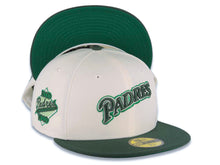 Load image into Gallery viewer, San Diego Padres New Era MLB 59FIFTY 5950 Fitted Cap Hat Cream Crown Green Visor Green/Metallic Green Script Logo 30th Anniversary Side Patch
