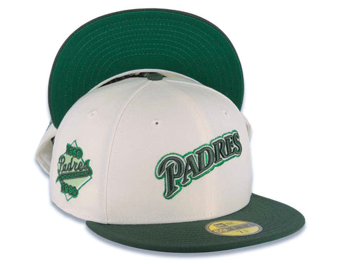 San Diego Padres New Era MLB 59FIFTY 5950 Fitted Cap Hat Cream Crown Green Visor Green/Metallic Green Script Logo 30th Anniversary Side Patch