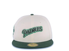 Load image into Gallery viewer, San Diego Padres New Era MLB 59FIFTY 5950 Fitted Cap Hat Cream Crown Green Visor Green/Metallic Green Script Logo 30th Anniversary Side Patch
