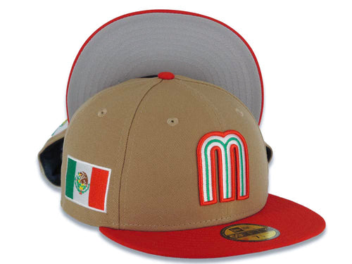 Mexico New Era WBC World Baseball Classic 59FIFTY 5950 Fitted Cap Hat Khaki Crown Red Visor White/Red/Green Logo Mexico Flag Side Patch Gray UV