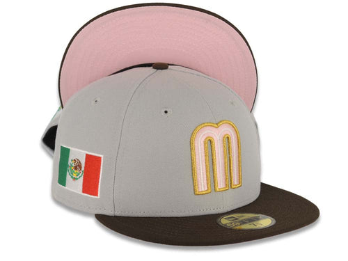 Mexico New Era WBC 59FIFTY 5950 Fitted Cap Hat Gray Crown Brown Visor Pink/Metallic Gold/Glow White Logo Mexico Flag Side Patch Pink UV
