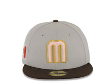 Load image into Gallery viewer, Mexico New Era WBC 59FIFTY 5950 Fitted Cap Hat Gray Crown Brown Visor Pink/Metallic Gold/Glow White Logo Mexico Flag Side Patch Pink UV
