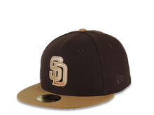 Load image into Gallery viewer, San Diego Padres New Era MLB 59FIFTY 5950 Fitted Cap Hat Brown Crown Wheat Visor Khaki/Metallic Brown Gradient Logo Petco Park Stadium Side Patch
