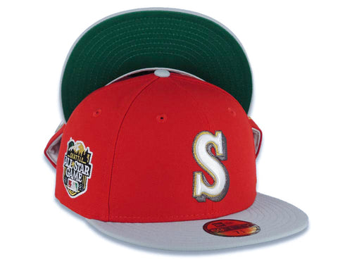 Seattle Mariners New Era MLB 59FIFTY 5950 Fitted Cap Hat Red Crown Gray Visor White/Metallic Gold/Black Logo 2023 All-Star Game Side Patch Green UV