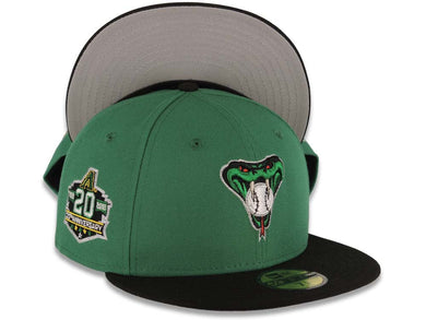 Arizona Diamondbacks New Era MLB 59FIFTY 5950 Fitted Cap Hat Green Crown Black Visor Metallic Green/White/Black Logo 20th Anniversary Side Patch
