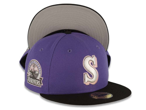 Seattle Mariners New Era MLB 59FIFTY 5950 Fitted Cap Hat Light Purple Crown Black Visor White/Metallic Black/Pink Logo 30th Anniversary Side Patch
