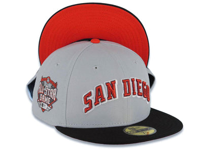 San Diego Padres New Era MLB 59FIFTY 5950 Fitted Cap Hat Gray Crown Black Visor Metallic Red/Black/White Logo 2016 All-Star Game Side Patch Red UV
