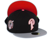 Load image into Gallery viewer, San Diego Padres New Era MLB 59FIFTY 5950 Fitted Cap Hat Black Crown Gray Visor Light Pink/White/Metallic Red Logo 40th Anniversary Side Patch Red UV
