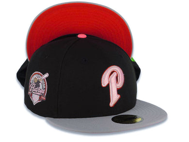 San Diego Padres New Era MLB 59FIFTY 5950 Fitted Cap Hat Black Crown Gray Visor Light Pink/White/Metallic Red Logo 40th Anniversary Side Patch Red UV