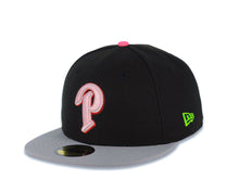 Load image into Gallery viewer, San Diego Padres New Era MLB 59FIFTY 5950 Fitted Cap Hat Black Crown Gray Visor Light Pink/White/Metallic Red Logo 40th Anniversary Side Patch Red UV
