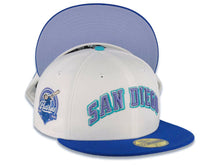 Load image into Gallery viewer, San Diego Padres New Era MLB 59FIFTY 5950 Fitted Cap Hat White Crown Royal Blue Visor Purple/Teal Arch Script/Text Logo 40th Anniversary Side Patch
