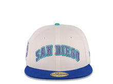 Load image into Gallery viewer, San Diego Padres New Era MLB 59FIFTY 5950 Fitted Cap Hat White Crown Royal Blue Visor Purple/Teal Arch Script/Text Logo 40th Anniversary Side Patch
