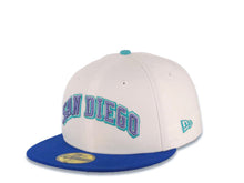 Load image into Gallery viewer, San Diego Padres New Era MLB 59FIFTY 5950 Fitted Cap Hat White Crown Royal Blue Visor Purple/Teal Arch Script/Text Logo 40th Anniversary Side Patch
