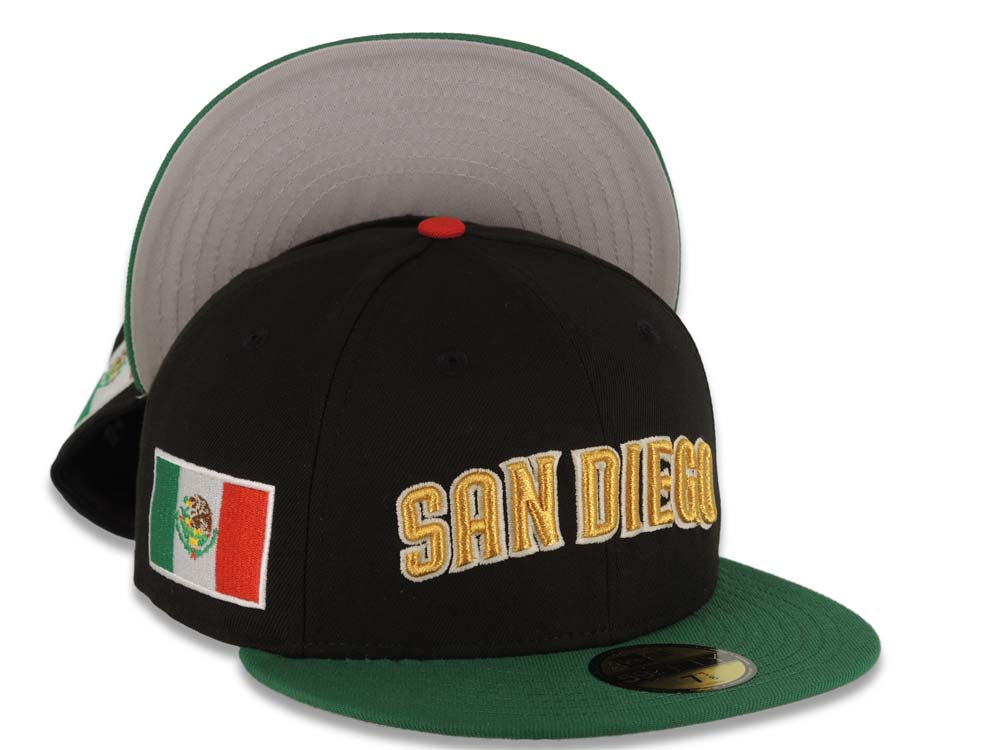 San Diego Padres New Era MLB 59FIFTY 5950 Fitted Cap Hat Black Crown Green Visor Metallic Gold Script/Text Logo Mexico Flag Side Patch Gray UV