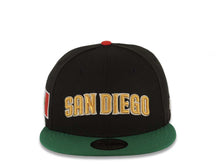 Load image into Gallery viewer, San Diego Padres New Era MLB 59FIFTY 5950 Fitted Cap Hat Black Crown Green Visor Metallic Gold Script/Text Logo Mexico Flag Side Patch Gray UV
