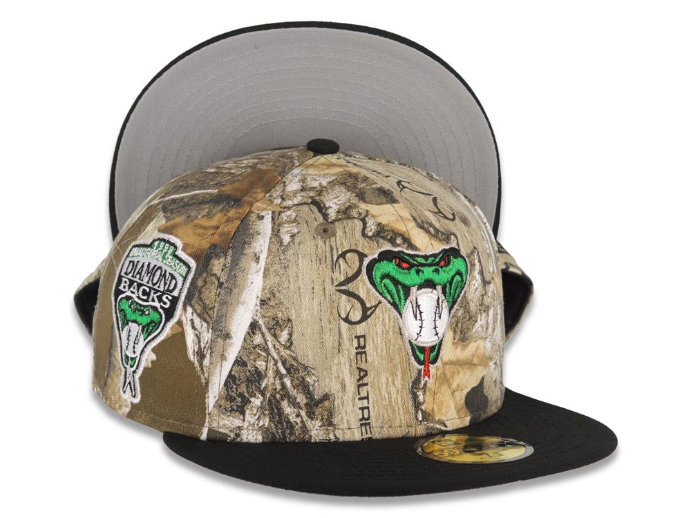 Arizona Diamondbacks New Era MLB 59FIFTY 5950 Fitted Cap Hat Real Tree Edge Camo Crown Black Visor Metallic Green/White Logo 1998 Inaugural Season Side Patch Gray UV