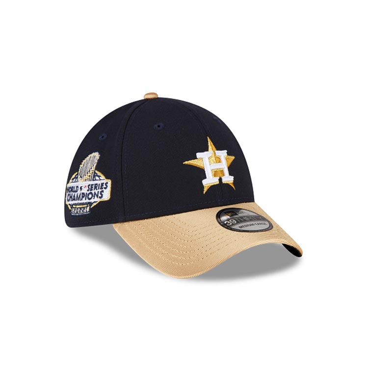 Houston Astros New Era MLB 39THIRTY 3930 Flexfit Cap Hat Navy Blue Crown Gold Visor Metallic Gold/White Logo 2022 World Series Champions Side Patch