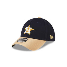 Load image into Gallery viewer, Houston Astros New Era MLB 39THIRTY 3930 Flexfit Cap Hat Navy Blue Crown Gold Visor Metallic Gold/White Logo 2022 World Series Champions Side Patch
