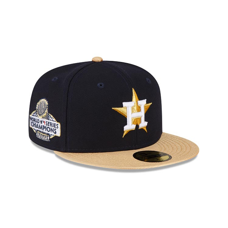 Houston Astros New Era MLB 59FIFTY 5950 Fitted Cap Hat Navy Blue Crown Gold Visor White/Metallic Gold Logo 2022 World Series Champions Side Patch