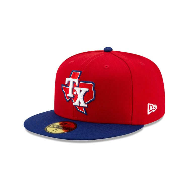 Texas Rangers New Era 59FIFTY 5950 Fitted ALT3 Map Cap Hat Red Crown Royal Blue Visor Team Color State Logo