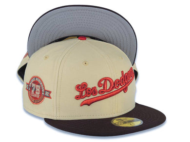 Los Angeles Dodgers New Era MLB 59FIFTY 5950 Fitted Cap Hat Vegas Gold Crown Dark Brown Visor Red Los Dodgers Script Logo 75th Anniversary Side Patch