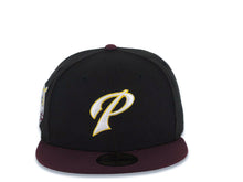 Load image into Gallery viewer, San Diego Padres New Era MLB 59FIFTY 5950 Fitted Cap Hat Black Crown Maroon Visor White/Yellow P Logo 40th Anniversary Side Patch Gray UV
