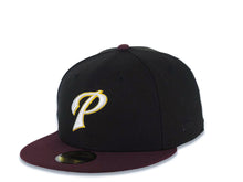 Load image into Gallery viewer, San Diego Padres New Era MLB 59FIFTY 5950 Fitted Cap Hat Black Crown Maroon Visor White/Yellow P Logo 40th Anniversary Side Patch Gray UV

