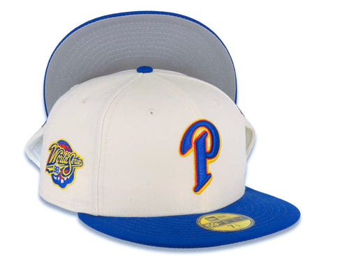San Diego Padres New Era MLB 59FIFTY 5950 Fitted Cap Hat Cream Crown Royal Blue Visor Royal Blue/Red/Yellow Logo 1998 World Series Side Patch Gray UV