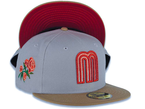 Mexico New Era WBC World Baseball Classic 59FIFTY 5950 Fitted Cap Hat Gray Crown Khaki Visor Metallic Red/Pink/White Gradient Logo Mexico Flag Side Patch