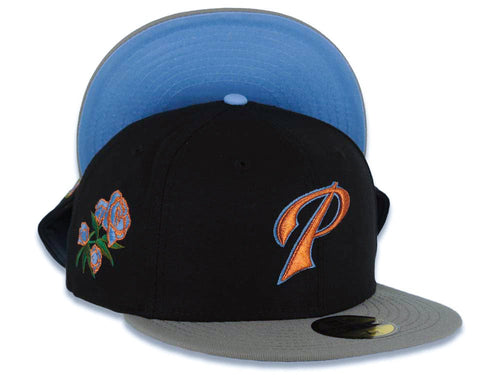 San Diego Padres New Era MLB 59FIFTY 5950 Fitted Cap Hat Black Crown Gray Visor Metallic Brown/Sky Blue Logo Rose Side Patch Sky Blue UV